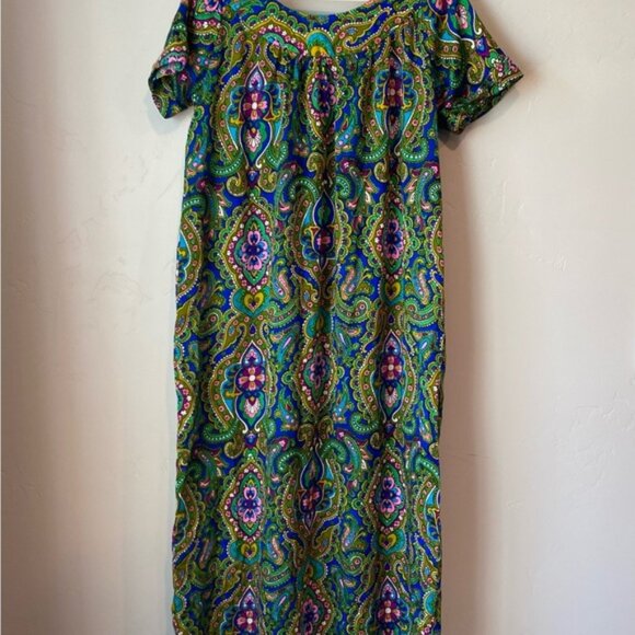 70s Vintage Psychedelic Paisley Dress Midi Short Sleeve Bright Green Pattern - Picture 1 of 7